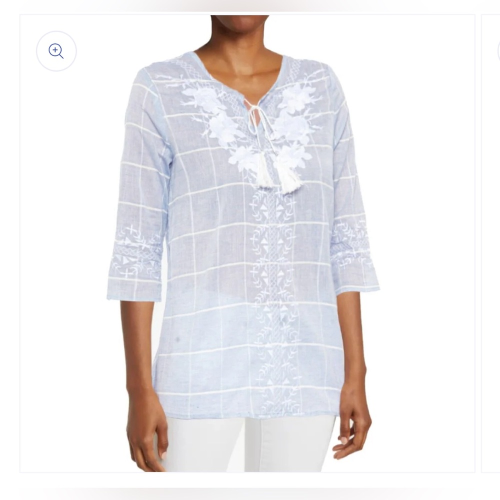 PAPARAZZI Women's Embroidered Tassels Tie Cotton Blouse Tunic Size XL